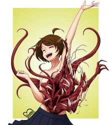 1girl :d absurdres ahoge arm_up arthropod_limbs artist_logo artist_name bare_shoulders black_skirt body_horror border breasts broken_skin brown_hair clenched_hand closed_eyes commentary creepy exposed_muscle extra_arms extra_eyes extra_mouth extra_teeth extra_tongue flesh gradient_background highres juliantheturtle logo medium_breasts monster_girl nipples open_mouth original pleated_skirt puffy_nipples skirt smile teeth tentacles tongue topless_female upper_teeth_only white_border yellow_background