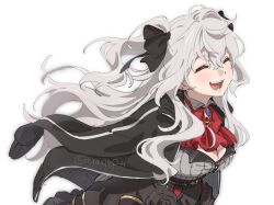 1girl :d ascot black_jacket black_skirt bow bowtie breasts cleavage closed_eyes eyeshadow facing_viewer fangs floating_hair genderswap genderswap_(mtf) grey_hair happy jacket jacket_on_shoulders kuzuha_(nijisanji) long_hair makeup mole mole_under_eye nijisanji open_mouth red_ascot red_bow red_bowtie sanya_(kuzuha) simple_background skirt smile solo teeth two_side_up umapote upper_teeth_only virtual_youtuber wavy_hair white_background