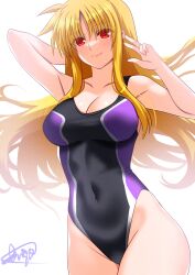 1girl armpits arms_up blonde_hair blush breasts cleavage competition_swimsuit covered_navel engo_(aquawatery) fate_testarossa highleg highleg_one-piece_swimsuit highres large_breasts looking_at_viewer lyrical_nanoha mahou_shoujo_lyrical_nanoha one-piece_swimsuit red_eyes signature simple_background smile solo swimsuit two-tone_swimsuit v white_background