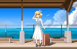 Rule 34 | 1girl, :d, absurdres, air (visual novel), alternate costume, arm at side, blonde hair, blue bow, blue eyes, blue ribbon, blue sailor collar, blue sky, blush, bow, brown shoes, chinese commentary, cloud, commentary request, cumulonimbus cloud, day, dress, dress bow, eyes visible through hair, fuchuangzi summerwind, full body, hair between eyes, hair ribbon, hand up, highres, kamio misuzu, loafers, long dress, looking at viewer, medium hair, official alternate hair length, official alternate hairstyle, open mouth, outdoors, pixel art, pleated dress, puffy short sleeves, puffy sleeves, ribbon, rolling suitcase, sailor collar, sailor dress, shading eyes, shoes, short sleeves, sky, smile, socks, solo, standing, suitcase, white dress, white ribbon, white socks