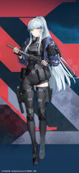 1girl black_gloves black_socks girls&#039;_frontline girls&#039;_frontline_2:_exilium gloves green_eyes grey_hair highres hk416_(girls&#039;_frontline) holding holding_weapon long_hair official_art official_wallpaper socks solo standing weapon