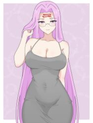 1girl absurdres arm_behind_back blush breasts cleavage closed_mouth collarbone covered_navel cowboy_shot dani_(angrymatthew) dongtan_dress eyebrows_hidden_by_hair eyes_visible_through_hair facial_mark facing_viewer fate/grand_order fate/stay_night fate_(series) forehead_mark glasses highres large_breasts long_bangs long_hair looking_at_viewer medusa_(fate) medusa_(rider)_(fate) meme_attire out_of_frame parted_bangs playing_with_own_hair purple_background purple_eyes purple_hair smile solo standing very_long_hair