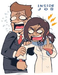 1boy 1girl absurdres angry black_jacket black_pants brett_hand brown_hair collared_shirt copyright_name english_text formal_clothes highres holding_another&#039;s_arm inside_job jacket lab_coat middle_finger necktie open_mouth pants ponytail rariatto_(ganguri) reagan_ridley red_necktie scared shirt smile suit tail teeth white_background white_shirt