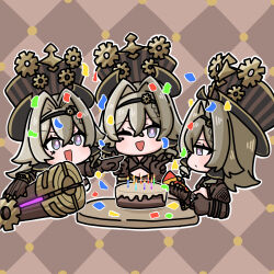 3girls :d ;d argyle_background black_hairband breasts brown_background brown_gloves brown_hair brown_jacket cake candle cleavage clone commentary_request confetti fire food gears gloves grey_eyes hair_between_eyes hair_intakes hairband hat highres holding honkai_(series) honkai_impact_3rd jacket medium_breasts mokkyo_(motkyo) multiple_girls multiple_persona one_eye_closed open_mouth party_popper pointing smile striped_clothes striped_headwear top_hat v-shaped_eyebrows vertical-striped_clothes vertical-striped_headwear vill-v
