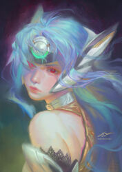 Rule 34 | 1girl, absurdres, android, back, blue hair, commentary, cyborg, elbow gloves, english commentary, enzo fernandez, expressionless, forehead protector, gloves, glowing crystal, highres, kos-mos, long hair, looking at viewer, red eyes, solo, xenosaga, xenosaga episode iii