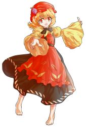 1girl aki_minoriko apron barefoot black_skirt blonde_hair dairi full_body hat pointing print_apron red_apron red_hat shirt short_hair skirt solo tachi-e touhou wheat_print wide_sleeves yellow_shirt
