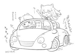 &gt;_&lt; 2girls :d animal_ears animal_hat arm_up bow capriccio car cat_ears chibi closed_eyes collared_shirt commentary_request convertible dog_ears driving fake_animal_ears floating_hair greyscale hair_ornament hairclip hat long_hair monochrome motion_lines motor_vehicle multiple_girls newsboy_cap open_mouth original pleated_skirt shirt short_sleeves simple_background skirt smile speed_lines translation_request vehicle_request very_long_hair white_background xd