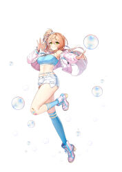 1girl absurdres armpits bandaid bandaid_on_knee bandaid_on_leg bandeau bare_shoulders blonde_hair blue_bandeau blue_socks blue_thighhighs breasts choker closed_mouth closers exposed_pocket full_body green_eyes hair_ribbon hand_up highres index_finger_raised jacket kneehighs leg_up long_hair looking_at_viewer medium_breasts midriff navel off_shoulder official_art open_clothes open_jacket outstretched_arm pink_jacket pink_shoes ribbon shoes short_shorts shorts side_ponytail single_kneehigh single_sock single_thighhigh smile socks solo soma_(closers) stomach strapless thighhighs thighs torn_clothes torn_shorts tube_top white_choker white_shorts