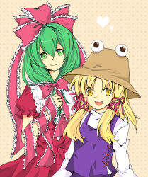 Rule 34 | 2girls, absurdres, arm ribbon, blonde hair, bow, brown hat, dress, frilled ribbon, frills, front ponytail, green eyes, green hair, hair bow, hair ribbon, hat, highres, jun2onod, kagiyama hina, looking at another, looking at viewer, moriya suwako, multiple girls, purple vest, red bow, red dress, red ribbon, ribbon, shirt, touhou, vest, white shirt, yellow eyes