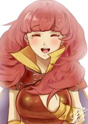 1girl armband armor breastplate celica_(fire_emblem) celica_(warrior_princess)_(fire_emblem) closed_eyes crying fire_emblem fire_emblem_echoes:_shadows_of_valentia fire_emblem_gaiden fire_emblem_heroes highres hinahaii long_hair nintendo official_alternate_costume open_mouth priestess princess red_armor red_eyes red_hair shirt shoulder_armor smile tearing_up warrior yellow_armband yellow_shirt