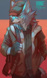 1boy animal_ears artist_name brown_hat brown_jacket character_name closed_mouth commentary_request copyright_name dated dog_nose fate/grand_order fate_(series) fur-trimmed_jacket fur_trim furry furry_male grey_fur grey_hair gun gun_on_back gun_sling hand_in_pocket hat highres jacket kunaru_(799865444232548352) looking_to_the_side male_focus patxi_(fate) rifle tail weapon weapon_on_back wolf_boy wolf_ears wolf_tail