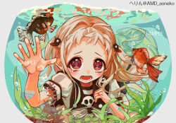 1girl algae amd_aoneko artist_name black_shirt blush bubble commentary_request fish goldfish hand_up jibaku_shounen_hanako-kun long_hair looking_at_viewer lower_teeth_only magatama magatama_hair_ornament open_mouth red_eyes shirt short_bangs short_sleeves skull_ornament solo string string_of_fate tearing_up teeth two-tone_shirt water white_shirt yashiro_nene