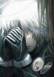 1boy 1girl aged_down black_gloves bracelet brown_hair close-up closed_eyes closed_mouth commentary english_commentary final_fantasy final_fantasy_vii final_fantasy_vii_ever_crisis gloves grey_hair halo interlocked_fingers jewelry long_hair lucrecia_crescent necklace own_hands_together praying saosaturn sephiroth sephiroth_(ever_crisis) short_hair upper_body