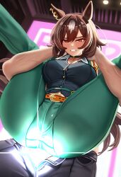 Rule 34 | 1boy, 1girl, absurdres, animal ears, asdkd123, breasts, brown hair, clenched teeth, earrings, green pants, highres, horse ears, horse girl, horse tail, jewelry, large breasts, long hair, pants, red eyes, sirius symboli (umamusume), tagme, tail, teeth, thighs, umamusume