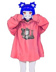 1girl absurdres animal_ears black_choker blue_hair blue_nails choker commentary drawstring english_commentary feet_out_of_frame fukouna_shoujo_03 go!_go!_gris! grin gris_(vertigris) highres hood hoodie nail_polish original oversized_clothes pink_eyes pink_hoodie short_hair simple_background smile solo vertigris white_background