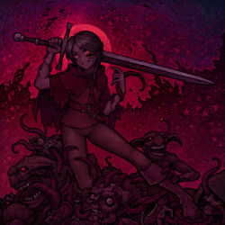 1girl absurdres belt boots brown_belt brown_pants cloak commentary eldritch_abomination english_commentary evil_grin evil_smile full_body full_moon glowing glowing_eyes grin highres holding holding_sword holding_weapon horror_(theme) knee_boots lona_(lonarpg) lonarpg looking_at_viewer monster moon pants red_cloak red_eyes red_moon red_theme smile soulless_sketch sword teeth weapon