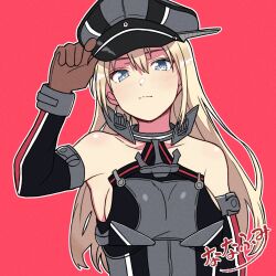 Rule 34 | 1girl, anchor ornament, armor, artist name, bismarck (kancolle), blonde hair, blue eyes, breastplate, breasts, brown gloves, elbow gloves, fuminomino, gloves, hat, head only, highres, kantai collection, large breasts, long hair, military uniform, peaked cap, red background, shirt, sleeveless, sleeveless shirt, solo