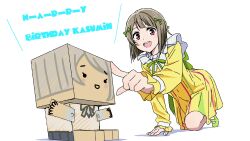 Rule 34 | 1girl, absurdres, all fours, blush, bob cut, brown hair, commentary request, dress, foreshortening, green ribbon, hair ribbon, happy birthday, highres, kasumin box, kneeing, long sleeves, looking at viewer, love live!, love live! nijigasaki high school idol club, mutekikyuu believer, nakasu kasumi, official alternate costume, open mouth, pink eyes, pleated dress, ribbon, shadow, short hair, smile, solo, teeth, upper teeth only, white background, yellow dress, yokota takumi