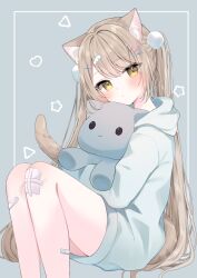 1girl animal_ear_fluff animal_ears bandaid bandaid_on_knee bandaid_on_leg blush brown_hair cat_ears cat_girl cat_tail closed_mouth commentary_request dot_mouth feet_out_of_frame hair_ornament hamico head_tilt highres holding holding_stuffed_toy hood hoodie kokona_(hamico) long_hair looking_at_viewer original sitting solo stuffed_animal stuffed_cat stuffed_toy swept_bangs tail twintails very_long_hair yellow_eyes