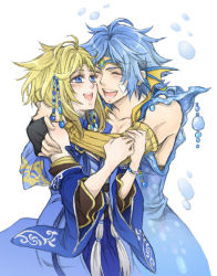 00s 1boy 1girl blonde_hair blue_eyes blue_hair bubble couple detached_sleeves dissidia_012_final_fantasy dissidia_final_fantasy closed_eyes final_fantasy final_fantasy_x fingerless_gloves fraternity gloves hetero hug open_mouth personification shinzui_(fantasysky7) smile