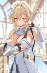 1girl absurdres alternate_breast_size arm_under_breasts artist_logo bare_shoulders black_gloves blonde_hair blush breasts cleavage commentary_request day detached_sleeves dress flower gauntlets genshin_impact gloves grabbing_own_breast hair_between_eyes hair_flower hair_intakes hair_ornament highres indoors kabu_usagi large_breasts logo looking_down lumine_(genshin_impact) paimon_(genshin_impact) parted_lips partially_fingerless_gloves short_hair_with_long_locks signature sleeveless sleeveless_dress small_sweatdrop strap_slip translation_request twitter_username upper_body white_dress white_flower white_sleeves window yellow_eyes
