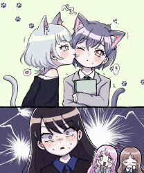 5girls animal_ears bang_dream! bang_dream!_it&#039;s_mygo!!!!! black_shirt blue_eyes blush brown_hair cat_day cat_ears cat_girl cat_tail chihaya_anon closed_eyes collared_shirt commentary_request cup green_background green_necktie grey_hair grey_jacket haneoka_school_uniform heart highres holding holding_cup jacket kaname_raana kemonomimi_mode licking licking_another&#039;s_face medium_hair mole mole_under_eye multiple_girls mygo!!!!!_(bang_dream!) nagasaki_soyo necktie off-shoulder_shirt off_shoulder one_eye_closed orange_eyes paw_print pink_hair purple_background purple_eyes raana_the_cat saliva saliva_trail school_uniform shiina_taki shirt speech_bubble spoken_heart sweat tail takamatsu_tomori teacup tongue tongue_out translation_request trembling tsukinomori_school_uniform wapi_nn white_hair white_shirt wolf_cut yellow_eyes yuri