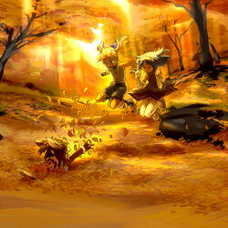 3girls autumn autumn_leaves blonde_hair body_fur brown_fur brown_hair commentary_request dress forest full_body furry furry_female jumping kikurage_(crayon_arts) leaf multiple_girls nature original outdoors rabbit_girl shorts tail thighhighs twintails wide_shot