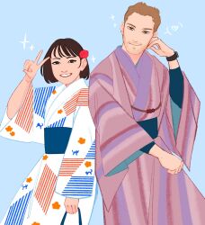1boy 1girl 2021 black_hair blue_background blue_eyes brown_eyes brown_hair cdawgva commentary heart highres japanese_clothes kimono purple_kimono real_life shibuya_kaho smile star_(symbol) symbol-only_commentary v white_kimono