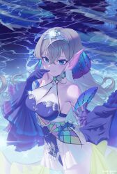 1girl absurdres aqua_eyes arm_fins bare_shoulders blue_dress blue_sleeves breasts brown_hair collarbone commentary_request crossed_bangs detached_sleeves dress duel_monster fins fish_girl frilled_sleeves frills glint hair_between_eyes halter_dress halterneck hand_up head_fins highres jewelry kitkallos_(yu-gi-oh!) large_breasts long_hair looking_at_viewer night night_sky rare_lemon reflection reflective_water silver_tiara sky smile solo standing tearlaments_kitkallos tiara very_long_hair water yu-gi-oh!