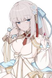 1girl blue_bow blue_eyes blue_nails bow braid breasts character_request cleavage closed_mouth commentary_request copyright_request flower hair_flower hair_ornament highres holding mati5572 medium_breasts necktie ribbon short_necktie sidelocks solo tassel white_hair