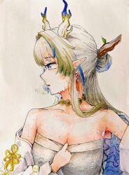Rule 34 | 1girl, arknights, bare shoulders, blonde hair, blue eyes, blue hair, breasts, cleavage, collarbone, commentary, dragon girl, dragon horns, earrings, grey hair, horns, hot, jacket, jewelry, le (user nkge7754), long hair, long sleeves, looking to the side, medium breasts, multicolored hair, necklace, off shoulder, parted lips, pointy ears, profile, shu (arknights), solo, sweat, traditional media, turning head, upper body, white jacket