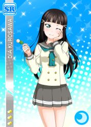 Rule 34 | 1girl, anime coloring, aqua neckerchief, black hair, blue background, blunt bangs, blush, card (medium), cowboy shot, dango, diamond (shape), food, green eyes, grey sailor collar, grey skirt, hair ornament, hairclip, hand on own cheek, hand on own face, hands up, holding, holding food, kurosawa dia, long hair, long sleeves, looking at viewer, love live!, love live! school idol festival, love live! sunshine!!, miniskirt, mole, mole under mouth, neckerchief, official art, one eye closed, pleated skirt, sailor collar, sanshoku dango, school uniform, serafuku, shirt, skirt, smile, solo, standing, star (symbol), tie clip, uranohoshi school uniform, wagashi, white shirt, winter uniform
