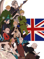 4girls 5boys absurdres add_(fate) ascot axis_powers_hetalia bandaged_arm bandages black_gloves black_hair blonde_hair blue_eyes braid cape cloak collared_shirt country_connection crossover dagger dress facial_hair facial_scar fate/grand_order fate_(series) florence_nightingale_(fate) frankenstein&#039;s_monster_(fate) fur_trim gloves gray_(fate) green_eyes grey_eyes grey_hair hair_over_one_eye henry_jekyll_(fate) highres holding holding_dagger holding_knife holding_mace holding_scythe holding_weapon hood hood_up horns jack_the_ripper_(fate/apocrypha) jacket james_moriarty_(archer)_(fate) jekyll_and_hyde_(fate) knife kome_043 long_hair long_sleeves mace mechanical_horns multiple_boys multiple_girls mustache necktie old old_man open_mouth orange_hair pants pink_hair red_eyes robin_hood_(fate) scar scar_on_cheek scar_on_face scythe sherlock_holmes_(fate) shirt short_hair single_horn smile thick_eyebrows union_jack united_kingdom_(hetalia) veil vest weapon white_hair white_shirt
