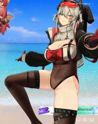 1girl beach breasts cleavage jacket leotard sand see-through_clothes see-through_leotard thighhighs visor_cap vshojo water white_hair zentreya zentreya_(cyborg) zentreya_(cyborg)_(zen_2.0) zipper