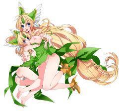 2girls ass bad_feet bad_id bad_pixiv_id barefoot blonde_hair blue_eyes blush bow breasts dual_persona artistic_error feet full_body hair_bow head_wings helmet hug large_breasts legs long_hair long_legs low-tied_long_hair multiple_girls nipples no_panties open_mouth panties riesz seiken_densetsu seiken_densetsu_3 simple_background smile takatsuki_ichi thighs underwear very_long_hair white_background winged_helmet wings
