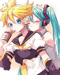 Rule 34 | !?, 1boy, 1girl, :o, arm warmers, bare shoulders, bass clef, black sailor collar, black sleeves, blonde hair, blue eyes, blue hair, blush, closed eyes, closed mouth, collared shirt, commentary request, cup, detached sleeves, double-parted bangs, grey shirt, hair between eyes, hatsune miku, headset, highres, holding, holding cup, hug, hug from behind, kagamine len, kaho 0102, long hair, long sleeves, necktie, number tattoo, open mouth, sailor collar, shirt, short hair, short sleeves, shoulder tattoo, sleeveless, sleeveless shirt, tattoo, twintails, upper body, vocaloid, white shirt, yellow necktie