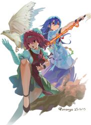 Rule 34 | 2girls, absurdres, antinomy of common flowers, bandaged arm, bandages, bird, blue hair, breasts, double bun, green skirt, hair bun, highres, hinanawi tenshi, holding, holding sword, holding weapon, ibaraki kasen, long hair, multiple girls, pink hair, red eyes, short hair, skirt, sword, touhou, weapon, white background, wild and horned hermit, yorange17