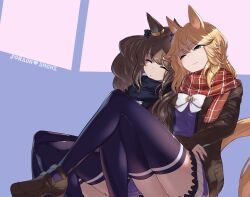 Rule 34 | 2girls, absurdres, animal ears, blonde hair, blue background, blue eyes, character name, closed mouth, commentary request, gold city (umamusume), highres, horse ears, horse girl, horse tail, medium hair, multiple girls, one eye closed, pink background, plaid clothes, plaid scarf, purple thighhighs, red scarf, saikuu, scarf, school uniform, tail, thighhighs, tosen jordan (umamusume), tracen school uniform, two-tone background, umamusume