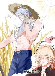 2boys abs alternate_costume antenna_hair black_shirt blonde_hair blue_eyes blue_pants braid clothes_lift collared_shirt commentary facial_tattoo gloves gradient_hair hair_between_eyes hat highres honkai:_star_rail honkai_(series) male_focus medium_hair multicolored_hair multiple_boys mydei_(honkai:_star_rail) navel pants parted_bangs parted_lips phainon_(honkai:_star_rail) qinnye red_hair red_tattoo shirt shirt_lift short_hair side_braid sleeveless sleeveless_shirt straw_hat sweat tattoo toned toned_male wheat_field white_gloves white_hair white_shirt yaoi yellow_eyes