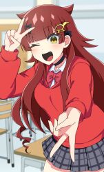 1girl anime_coloring artist_request black_choker black_ribbon black_skirt blurry blurry_background bow breasts brown_hair choker classroom desk double_v dragon dragon_musume_ni_naritakunai! duel_masters fang hair_ornament hair_ribbon hairpin highres hood hoodie indoors long_hair looking_at_viewer maguma_mega miniskirt official_art one_eye_closed open_mouth outstretched_arm plaid_clothes plaid_skirt red_bow red_hair red_hoodie ribbon school_desk shirt shoes sidelocks skirt smile socks sparkle standing upper_body v v_over_eye very_long_hair white_shirt yellow_eyes