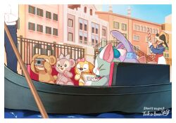 1other 3boys 3girls animal_ears boat cookieann disneyland duffy_and_friends duffy_the_disney_bear gelatoni goofy highres long_sleeves mickey_mouse multiple_boys multiple_girls oar rabbit_ears rabbit_girl shelliemay shirt smile standing stellalou takatmaorange water watercraft
