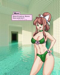 Rule 34 | 1girl, artist request, bikini, breasts, brown hair, cleavage, doki doki literature club, green bikini, green eyes, highres, large breasts, long hair, looking at viewer, monika (doki doki literature club), ponytail, smile, solo, swimsuit, water