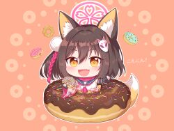 1girl :d animal_ears black_gloves black_sailor_collar blue_archive blush brown_background brown_eyes brown_hair donut fang food fox_ears fox_girl fox_hair_ornament fox_shadow_puppet fox_tail gloves hadanugi_dousa halo highres holding holding_food in_food izuna_(blue_archive) japanese_clothes kaoling kimono long_sleeves looking_at_viewer mini_person minigirl one_side_up open_clothes open_kimono open_mouth outline partially_fingerless_gloves sailor_collar shirt sleeveless sleeveless_shirt smile solo tail translation_request white_outline white_shirt wide_sleeves