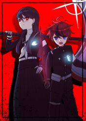 1boy 1girl ahoge axe black_border blue_eyes border glasses height_difference highres holding holding_axe holding_sword holding_weapon long_hair looking_at_viewer looking_down moyuchocolats purple_hair red_background red_eyes red_hair shizuhara_hiruko simple_background standing sumino_takumi sword the_hundred_line_-last_defense_academy- weapon