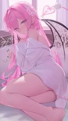 1girl absurdres ass bare_shoulders black_nails blush closed_mouth commentary_request commission fingernails hair_intakes highres indoors long_sleeves looking_at_viewer lying nail_polish on_bed on_side original oyaji_hime pink_eyes pink_hair see-through_silhouette shirt signature skeb_commission solo tail thighs white_shirt wings