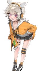 1girl :3 animal_ear_headphones animal_ears black_skirt commentary_request fake_animal_ears fang flat_chest grey_hair hair_ornament hand_on_own_knee headphones hood hood_down hoodie kanzarin knee_pads komori_met leaning_forward long_hair looking_at_viewer miniskirt open_mouth orange_hoodie orange_socks phone pleated_skirt purple_eyes shoes simple_background single_knee_pad skin_fang skirt smile socks solo standing thigh_strap virtual_youtuber vspo! white_background