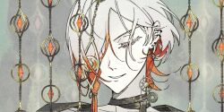1boy earrings fate/grand_order fate_(series) gradient_hair hair_ornament hair_over_one_eye highres jewelry karna_(fgo_fes._2025)_(fate) male_focus medium_hair multicolored_hair multiple_earrings open_mouth pale_skin portrait red_hair smile solo white_hair yi_nan_ping