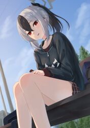 1girl akabane_hibame bare_legs bench black_choker black_hair black_hoodie black_horns blue_archive blue_sky blush bright_pupils choker collarbone commentary_request day demon_girl demon_horns demon_wings double-parted_bangs dutch_angle ear_piercing eyelashes eyes_visible_through_hair food foreshortening from_below grey_halo hair_between_eyes halo highres holding holding_food hood hood_down hoodie horns kayoko_(blue_archive) long_sleeves looking_at_viewer low_wings medium_hair miniskirt multicolored_hair on_bench open_mouth outdoors piercing plaid_clothes plaid_skirt ponytail red_eyes red_skirt sidelocks sitting skirt sky smile solo straight_hair thighs two-tone_hair white_hair white_pupils wings