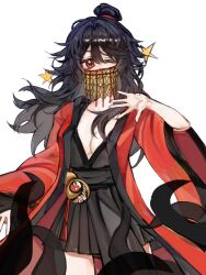 1girl bare_legs black_dress black_hair black_hanfu breasts chinese_clothes chinese_commentary cleavage coat coin coin_mask covered_mouth creature dao_gui_yi_xian dress floating_hair genderswap genderswap_(mtf) gourd hair_bun hand_up hanfu highres holed_coin jingzizi052 li_huowang li_sui_(tentacles) long_hair long_sleeves looking_at_viewer mask medium_breasts messy_hair mouth_veil no_bra one_eye_closed open_clothes open_coat red_coat red_eyes red_nails short_dress simple_background single_hair_bun solo star_(symbol) tassel tentacles veil white_background wide_sleeves yin_yang