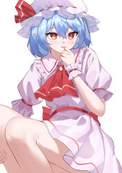 1girl absurdres ascot barefoot blue_hair brooch collared_shirt commentary_request frilled_shirt_collar frills hair_between_eyes hat hat_ribbon highres jewelry light_blush mob_cap open_mouth pink_skirt pointy_ears puffy_short_sleeves puffy_sleeves qwq red_ascot red_eyes red_ribbon remilia_scarlet ribbon shirt short_hair short_sleeves simple_background skirt solo touhou white_background wrist_cuffs